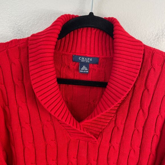Chaps Womens XL Red Cable Knit Sweater Cotton Shawl Collar Long Sleeve - Picture 6 of 7
